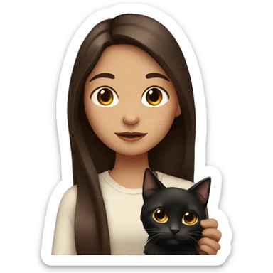 a girl with dark really long brown hair with brown eyes and holding a tiny cat that is black? sticker