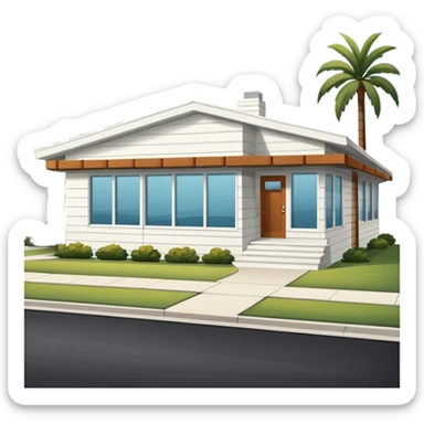 midcentury modern house with 1000 sqft and all windows and a sliding windows on corner. With overhanging shade and slats. sticker