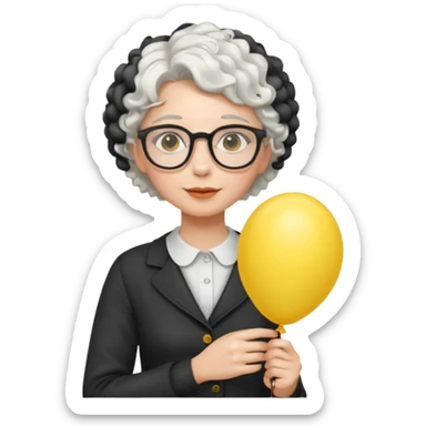 woman with short curly white hair and wearing glasses, holding yellow balloon sticker