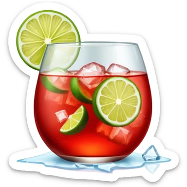 A round wine glass filled with bright red Campari tonic, lots of ice, and a lime wedge on top. sticker