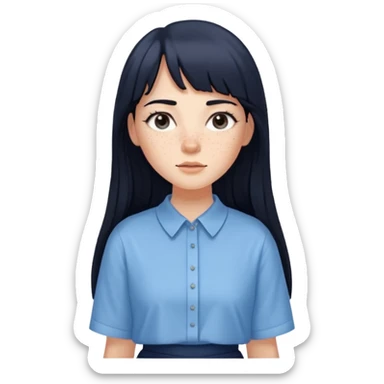 hair : black long hair with fringe 
skin : light with freckelt
cloth : oversize light blue shirt + navy long long skirt 
 sticker