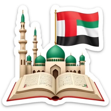 An icon featuring the mosque and the big flag of United Arab Emirates, symbolizing the Arabic language. The design includes an open book with Arabic script and calligraphy, representing language learning and cultural heritage. Transparent background sticker