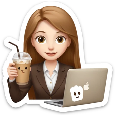 Women in front of laptop with a happy face, face a little fuller, long light brown hair, light brown big eyes, light pale skin with a iced coffee on the side, business attire sticker
