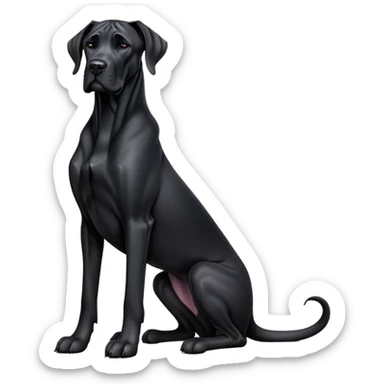 cinematic-[black great dane]-realistic-full-body-sitting-emoji,-tail-resting-loosely-beside-its-paws,-head-tilted-dramatically, ears drooped, -sleek-[black]-fur,-simplified-yet-realistic-focused-features,-highly-detailed,-glowing-with-an-almost-sarcastic-glow sticker