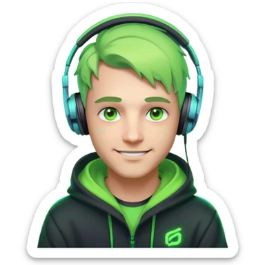 friendly streamer avatar, smiling man, stylized illustration, neon green eyes with soft warm highlights, hoodie and headset with neon accents, subtle cyberpunk vibe, dark background, clean lines, cozy and friendly mood sticker