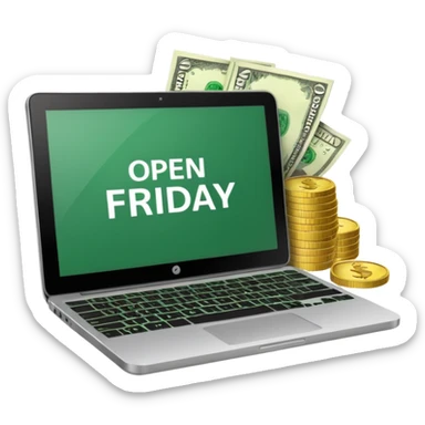 green laptop with black friday deals with coins and money tab open on it with Black Friday wrote sticker