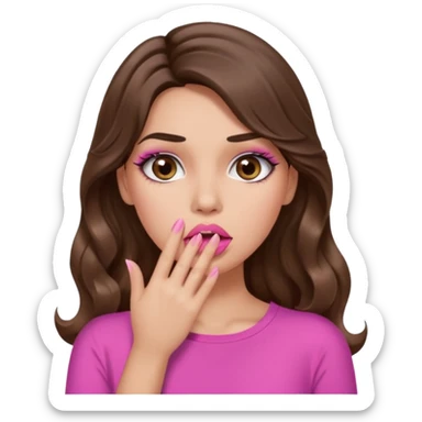 girl with long wavy brown hair, brown eyes, long lashes makeup, sexy pink lips, light to medium complexion, pink sexy top, shocked, hand covering mouth sticker