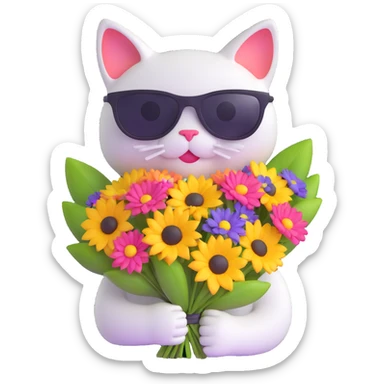 cat wearing sunglasses holding a bouquet of flowers sticker