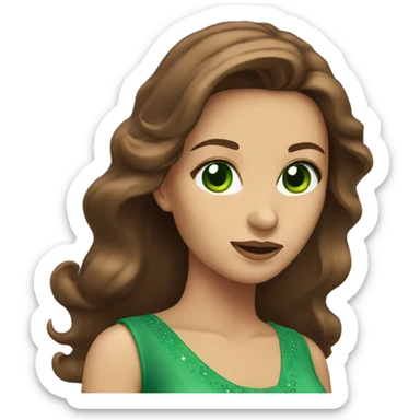 Woman with green eyes and long brown hair dresses in dress sticker