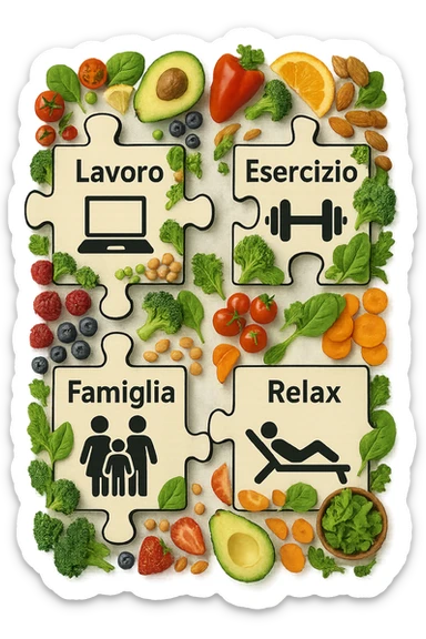 Puzzle (Lavoro, Esercizio, Famiglia, Relax), in lavoro metti icona di un PC, in Esercizio un Manubrio, in Famiglia una famiglia, in Relax qualcuno che riposa and healthy foods are integrated into each piece. in italiano sticker