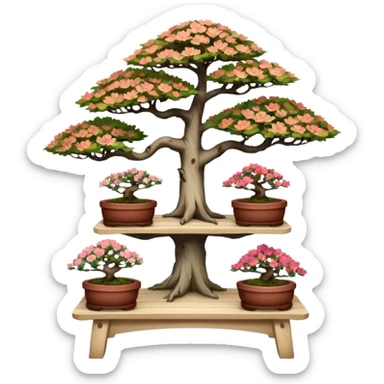 Wide Three tiered bonsai stand, shelving nine maple specimens and several smaller azaleas, frame made of oaken palette wood  sticker