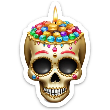 Realistic sugar skull decorated with colorful rhinestones with metallic gold candle on top of its head dripping down melted metallic gold wax down the skull sticker
