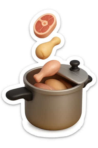 emoji stile iphone in 3d di una pentola a pressione dentro cui cadono agnello, pollo e tacchino crudi da cuocere, iperrealistico 4k sticker