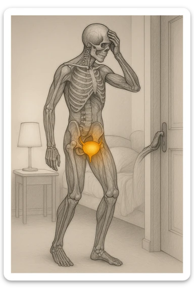 CORPO UMANO ANATOMICO CHE SI SVEGLIA LA NOTTE PER SVUOTARE LA VESCICA, VESCICA ANATOMICA IN EVIDENZA, SFONDO CHIARO NEUTRO sticker