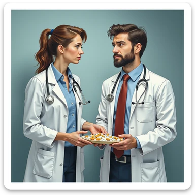 realistic illustration of a doctor in a white coat delivering medicine to a worried patient, the doctor shows indifference, clinical background, atmosphere suggesting superficiality sticker