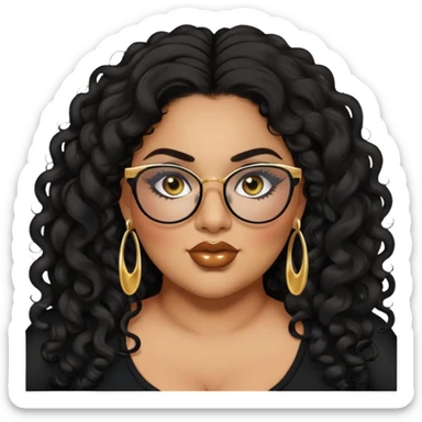 big plus size, latina, darker tan skin, gold earring, long black curly hair, baddie,pretty, makeup, lipgloss, black eyeliner, long hair, black top, black glasses sticker