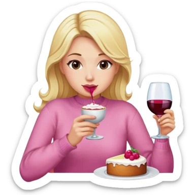 Blonde woman pink sweater drinking wine and eating cake sticker
