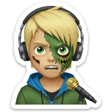 boy zombie whit blonde emo hair and eyes blue and GREEN SKIN and heandphones AND A MICROFONE AND GOLD TEETH and agesive face and the hoodie black sticker