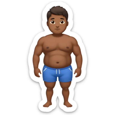 “Very skinny person with dark brown skin, small biceps, fat belly, double chin, wearing only shorts, has hair. Skinny limbs but round belly.” sticker