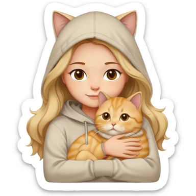 	A girl with long wavy hair (brown base with platinum blonde highlights), wearing a light beige hoodie, hugging a golden shaded British Shorthair cat (golden chinchilla, BY23). White background, soft smile, big brown eyes. Clean and simple Apple emoji style. sticker
