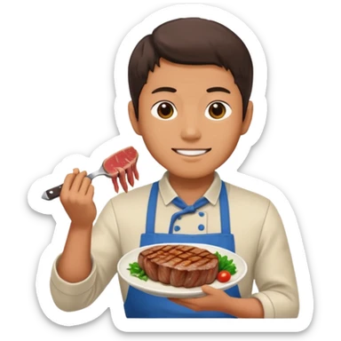 Japanese man holds in hands steak preparing to eat with lovely sight sticker