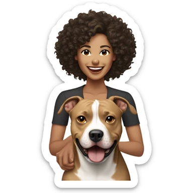 light skin woman with curly black hair expressing joy alongide a brown and white pitbull sticker