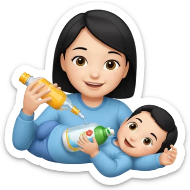 A baby with black hair holding a bottle while laying down sticker