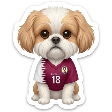 white and light brown shih zhu wearing a Qatar soccer jersey v neck 2026 work cup sticker