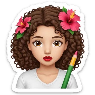 A brunette girl turned to the left side with curly hair with a hibiscus on her hair on her lips she has a brown pencil outline with gloss over it with a white t-shirt  sticker