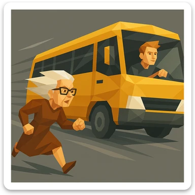 old lady should run to reach the bus, the driver is man under 30 with orange hair sticker