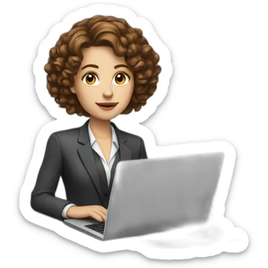 White woman with long curly brown hair, wearing a classic suit, working on a laptop sticker