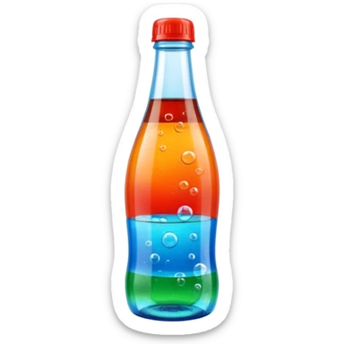 plastic soda bottle, transparent or tinted, filled with cola or orange soda, curved shape, narrow neck, plastic cap (red, blue, or green), bubbles inside, fizzy look, 3D clean style, no branding sticker