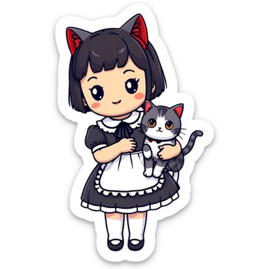 girl wearing black Lolita style dress, with medium-length black hair with red tips, and an American Shorthair tabby cat sticker