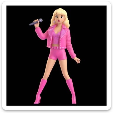 Pretty and thin tall Blonde pop star with bangs singing onstage, wearing a sparkly pink outfit   sticker