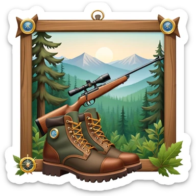 Icon for Hunting Tourism: a rifle, hunting boots, double-barrelled hunting rifle and a compass on a forest background, with a silhouette of wildlife in the distance. The icon should capture the adventure and connection with nature in hunting tourism. Transparent background. sticker