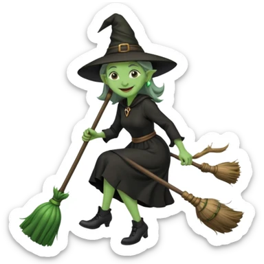 Traditional old witch, green skin, big nose, black dress, riding a broom emoji sticker