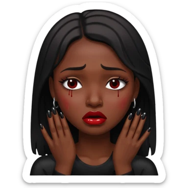 dark skin girl, dark red lipstick, nails very beautiful crying sticker