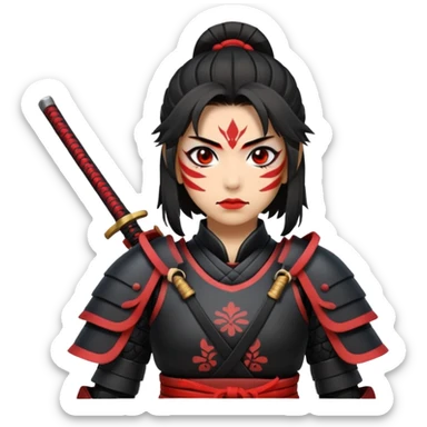 A female samurai with strong posture, black armor plates, and fierce determination. With red war paint markings  sticker