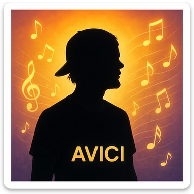 silhouette of Avicii age 36 with musical notes, uplifting and inspirational mood sticker
