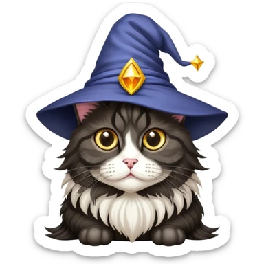 a black chubby maine coon cat with big eyes and a wizzard hat sticker