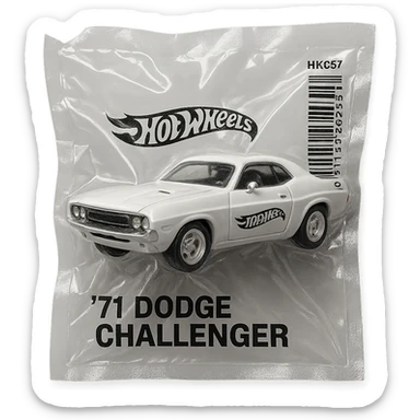 white 1971 Dodge Challenger Hot Wheels toy car, glossy and puffy, inspired by the movie 'Death Proof' sticker