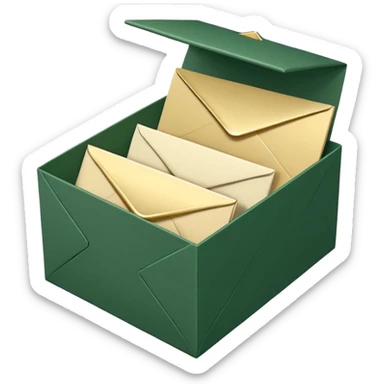 3D minimal open box with multiple envelopes floating out of it, matte finish, deep green (#0B3D2C) box, cream white (#F5F5DC) envelopes, subtle gold (#C9B037) accents, Apple style, ultra sleek, soft shadow, transparent background sticker