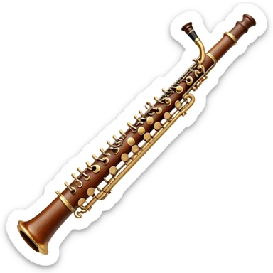 Create a detailed and elegant emoji representing an oboe. The design should feature the slender, cylindrical body of the oboe, with intricate keywork visible along its length. The top should showcase the small, delicate reed typical of the instrument. Use rich wooden tones, with accents of silver or brass on the keys to reflect the high-quality craftsmanship of the oboe. Add subtle musical notes surrounding the instrument to symbolize its expressive, melodic sound. The background should be transparent. sticker