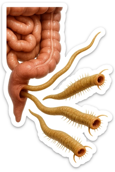 Realistic medical image of microscopic parasites leaving the intestines after taking natural kinesiological drops, symbolizing detox and cleansing. sticker