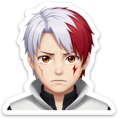 Shoto Todoroki face only, left side white hair, right side red hair, heterochromatic eyes, burn scar on left side of face, serious expression sticker