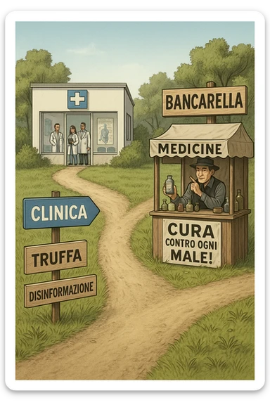 two paths diverge—one leads to a trustworthy clinic with doctors and scientific posters, the other to a shady stand selling “miracle” medicines with exaggerated claims. Signs along the second path warn of scams and misinformation. The scene encourages viewers to choose reliable, science-based healthcare. in italiano sticker