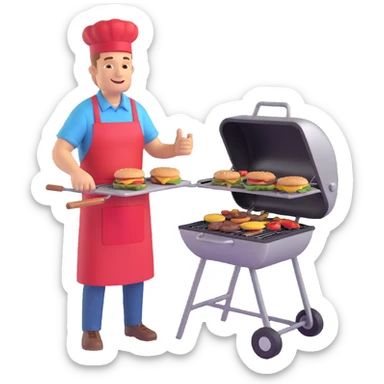 man at a barbecue grill, apron, flipping burgers, sunny day sticker