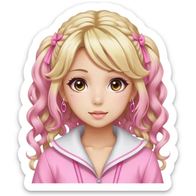 Hime gyaru girl blonde mid curly hair with pink highlights,wearing pink clothes sticker