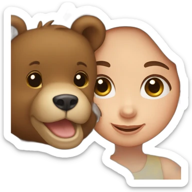 Little girl with brown eyes and long brown hair holding a bear cub and waving hello sticker