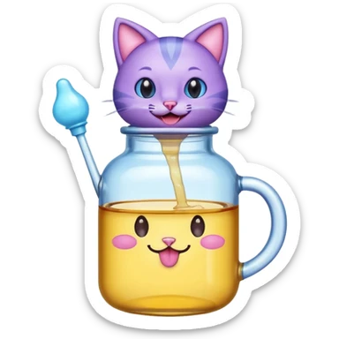 Smiling bottle of oil light purple top and light blue sticking tongue out and with cat ears sticker